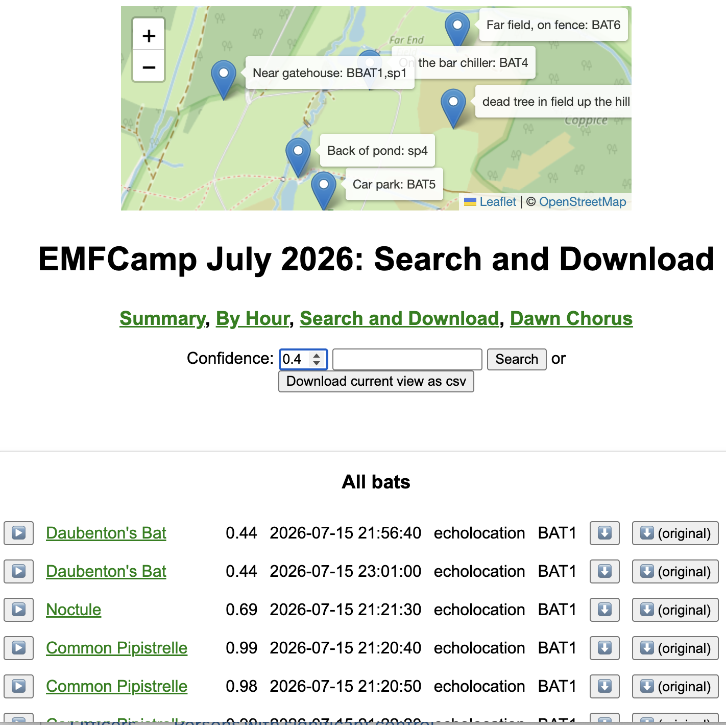 A map and list of detected bats at EMFCamp